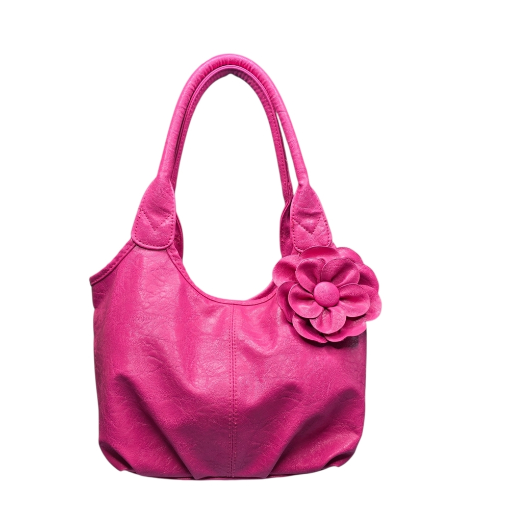 Pink hobo-style shoulder bag made of synthetic leather featuring a large flower